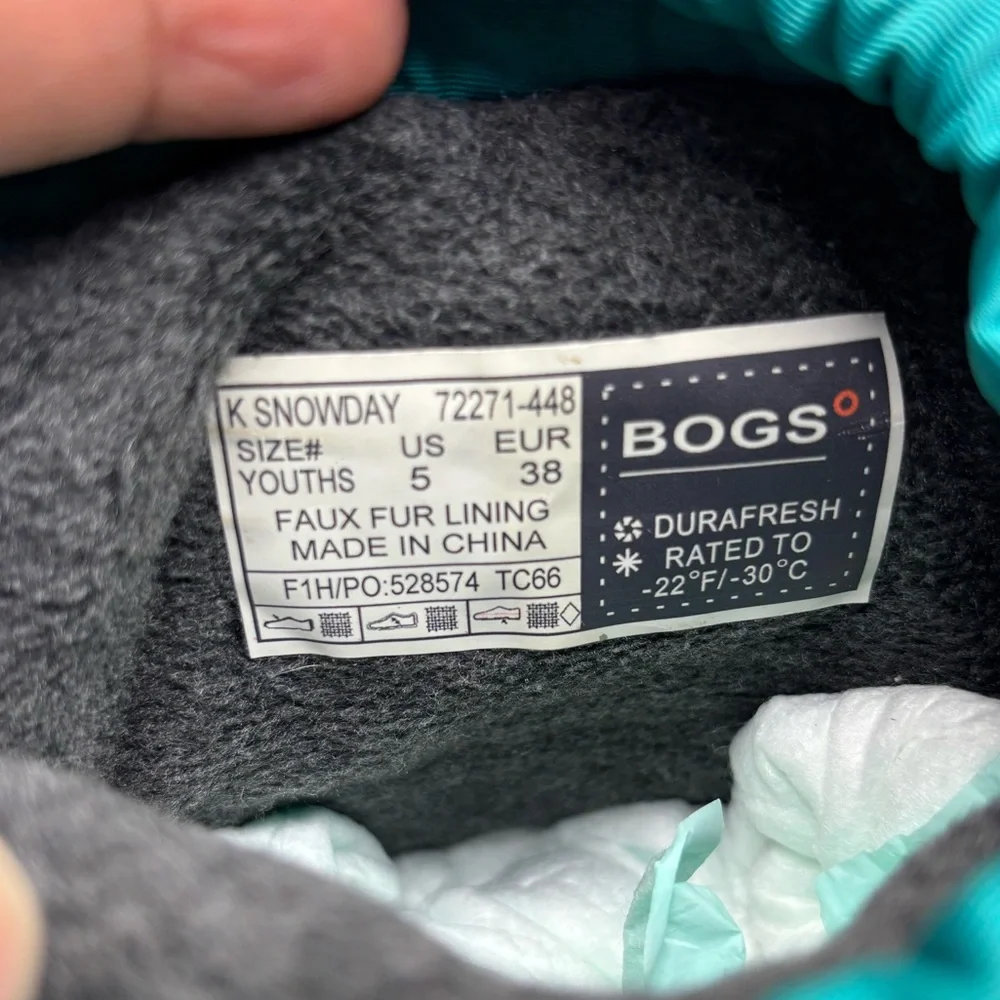 Bogs Snowday Teal Puffer Winter Boots, size 5 big girl, box 25